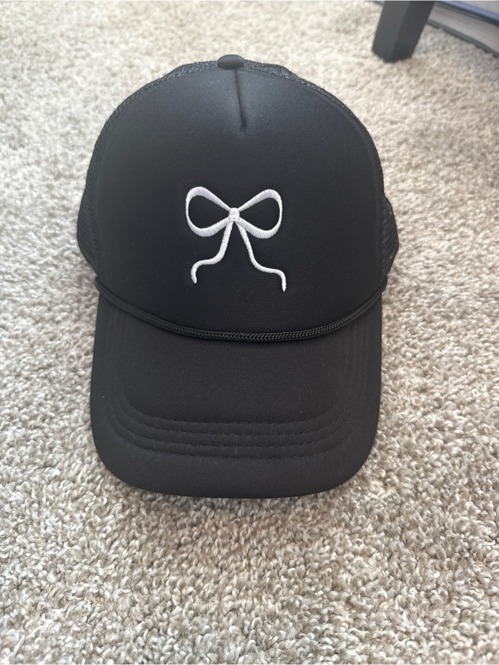 Black Coquette Embroidered Bow Foam Trucker Hat - Womens One Size
